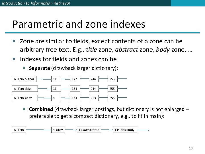 Introduction to Information Retrieval Parametric and zone indexes § Zone are similar to fields, Introduction to Information Retrieval Parametric and zone indexes § Zone are similar to fields,
