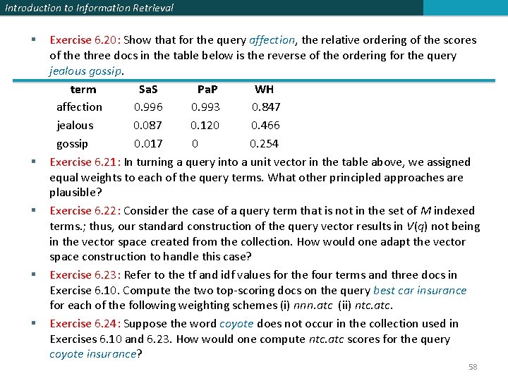 Introduction to Information Retrieval § § § Exercise 6. 20: Show that for the Introduction to Information Retrieval § § § Exercise 6. 20: Show that for the