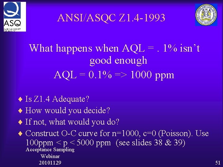 ANSI/ASQC Z 1. 4 -1993 What happens when AQL =. 1% isn’t good enough ANSI/ASQC Z 1. 4 -1993 What happens when AQL =. 1% isn’t good enough