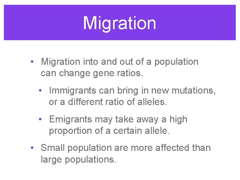 Migration • Migration into and out of a population can change gene ratios. •