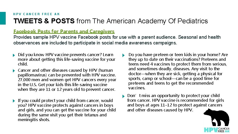 HPV CANCER FREE AK TWEETS & POSTS from The American Academy Of Pediatrics Facebook