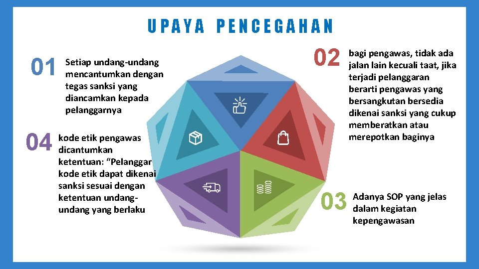 UPAYA PENCEGAHAN 01 04 Setiap undang mencantumkan dengan tegas sanksi yang diancamkan kepada pelanggarnya