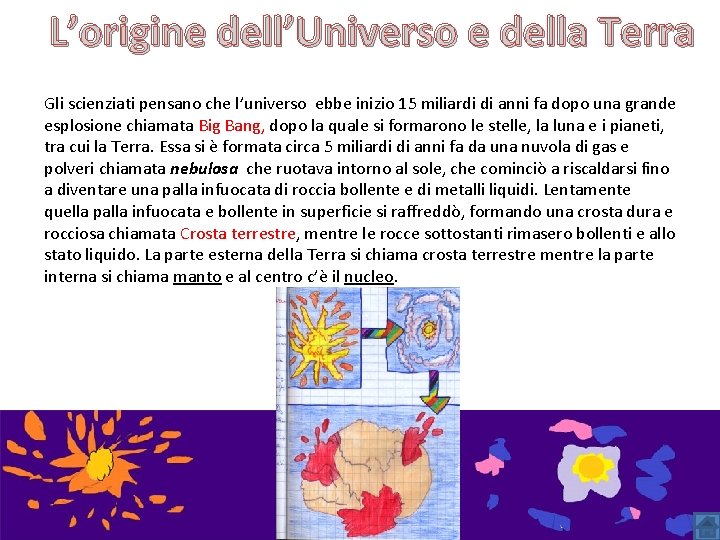 L’origine dell’Universo e della Terra Gli scienziati pensano che l’universo ebbe inizio 15 miliardi