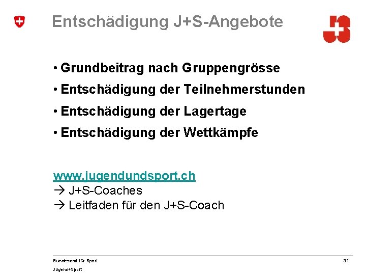 Entschädigung J+S-Angebote • Grundbeitrag nach Gruppengrösse • Entschädigung der Teilnehmerstunden • Entschädigung der Lagertage