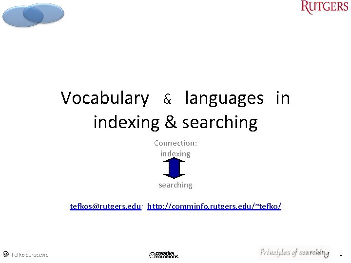Vocabulary & languages in indexing & searching Connection: indexing searching tefkos@rutgers. edu; http: //comminfo.