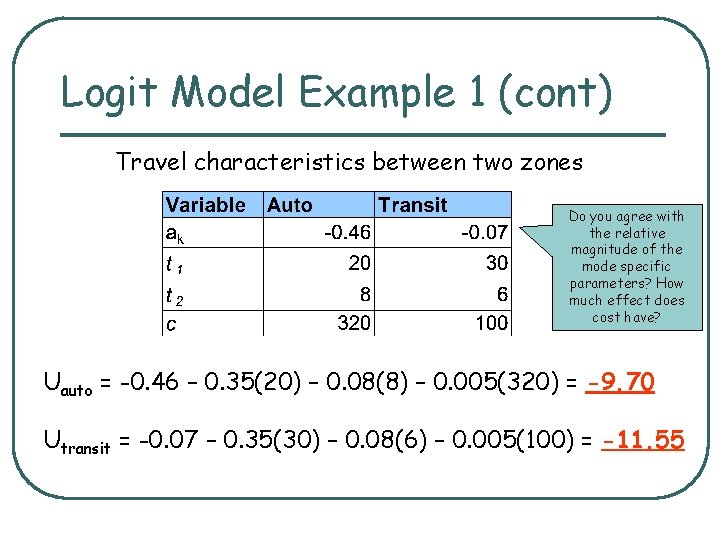 Logit Model Example 1 (cont) Travel characteristics between two zones Do you agree with