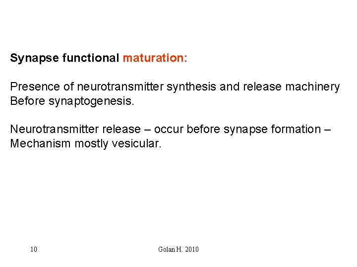 Synapse functional maturation: Presence of neurotransmitter synthesis and release machinery Before synaptogenesis. Neurotransmitter release