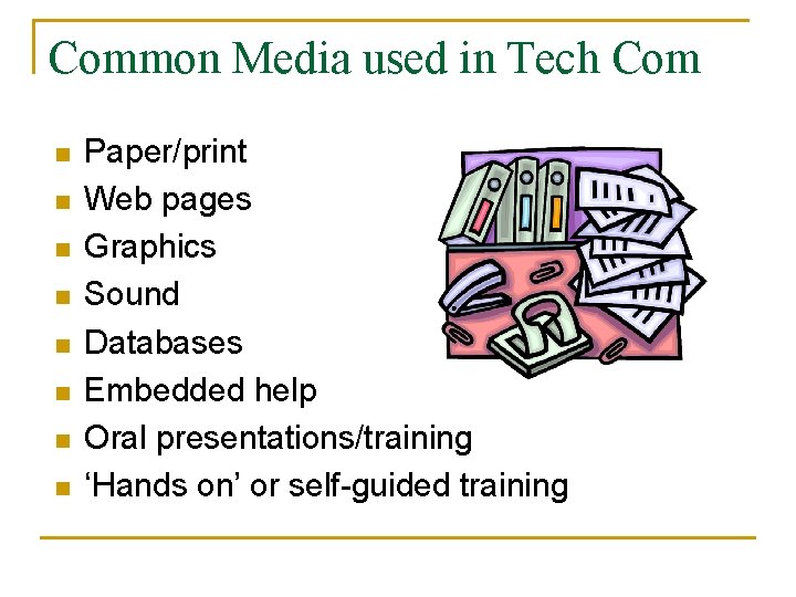 Common Media used in Tech Com n n n n Paper/print Web pages Graphics