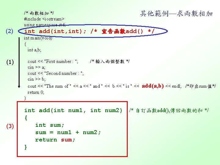 其他範例—求兩數相加 /* 兩數相加 */ #include <iostream> using namespace std; (2) int add(int, int); /*