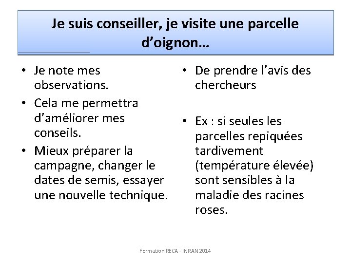 Je suis conseiller, je visite une parcelle d’oignon… • Je note mes • De