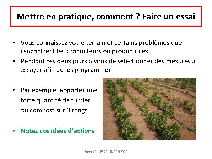 Mettre en pratique, comment ? Faire un essai • Vous connaissez votre terrain et