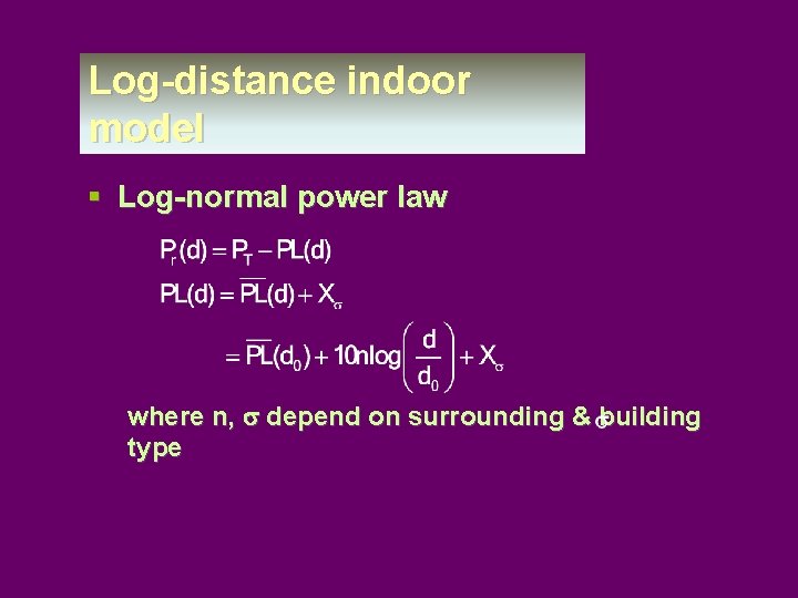 Log-distance indoor model § Log-normal power law where n, s depend on surrounding &