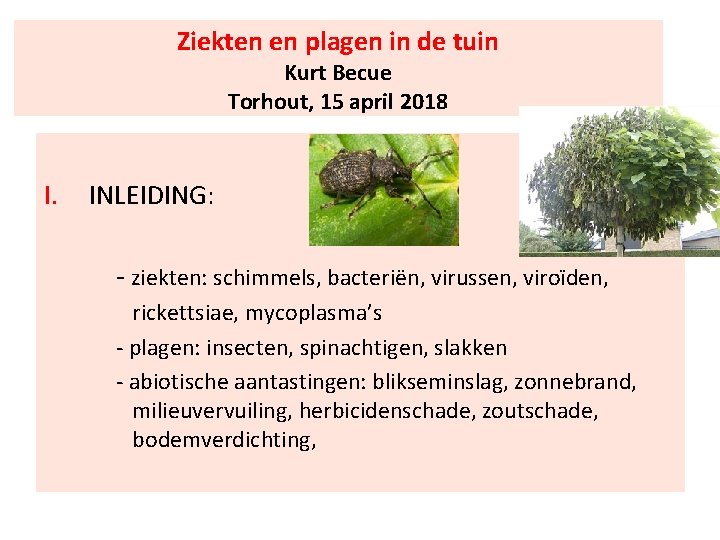 Ziekten en plagen in de tuin Kurt Becue Torhout, 15 april 2018 I. INLEIDING:
