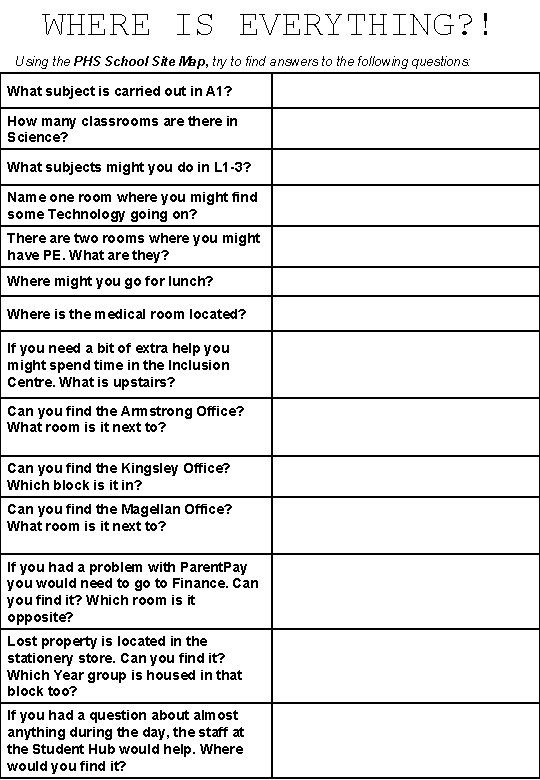 WHERE IS EVERYTHING? ! Using the PHS School Site Map, try to find answers