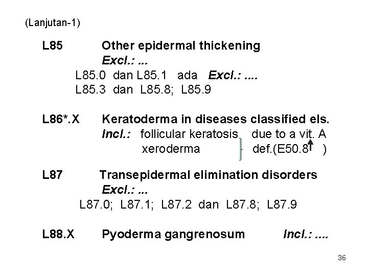 (Lanjutan-1) L 85 Other epidermal thickening Excl. : . . . L 85. 0