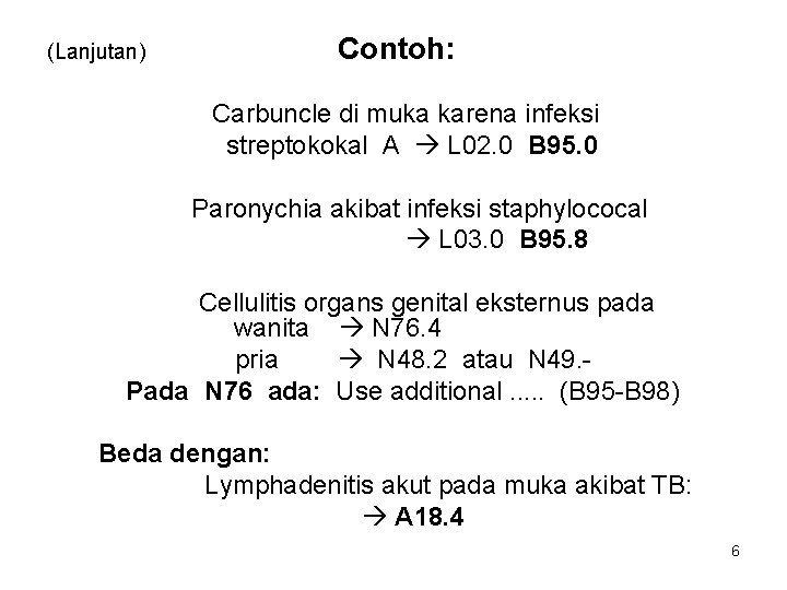 (Lanjutan) Contoh: Carbuncle di muka karena infeksi streptokokal A L 02. 0 B 95.