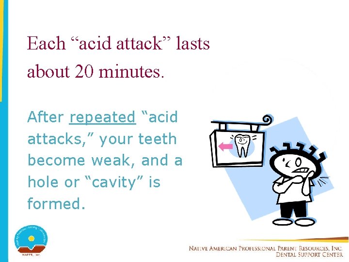 Each “acid attack” lasts about 20 minutes. After repeated “acid attacks, ” your teeth