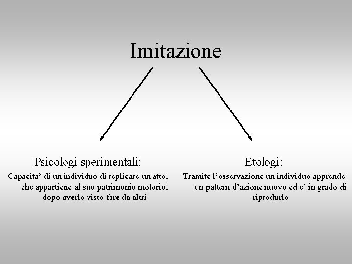 Imitazione Psicologi sperimentali: Etologi: Capacita’ di un individuo di replicare un atto, che appartiene