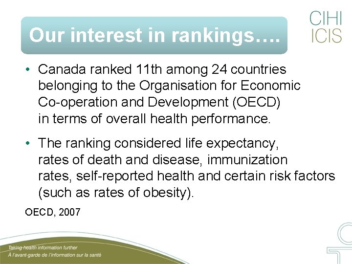Our interest in rankings…. • Canada ranked 11 th among 24 countries belonging to