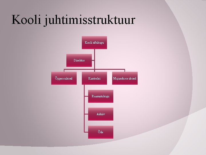 Kooli juhtimisstruktuur Kooli nõukogu Direktor Õppeosakond Kantselei Raamatukogu Arhiiv Õde Majandusosakond 