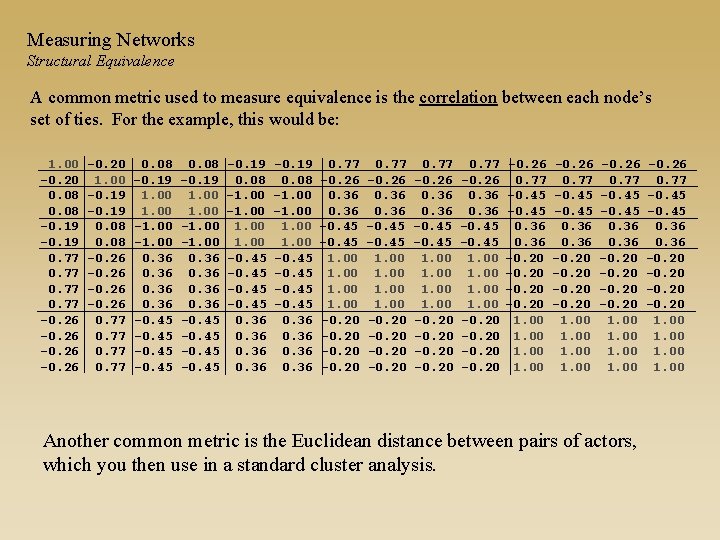 Measuring Networks Structural Equivalence A common metric used to measure equivalence is the correlation