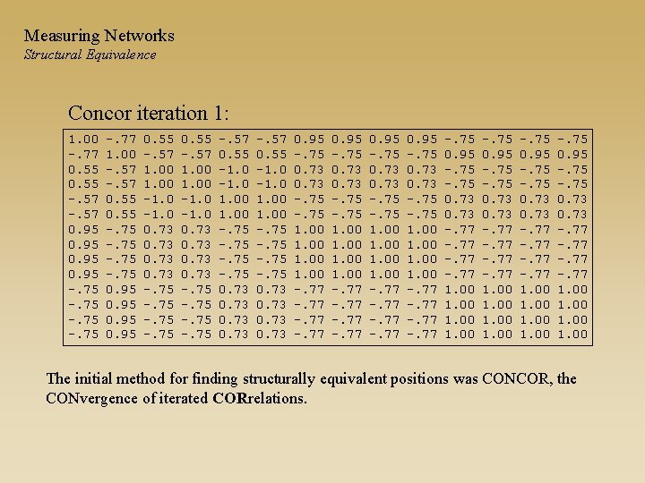 Measuring Networks Structural Equivalence Concor iteration 1: 1. 00 -. 77 0. 55 -.