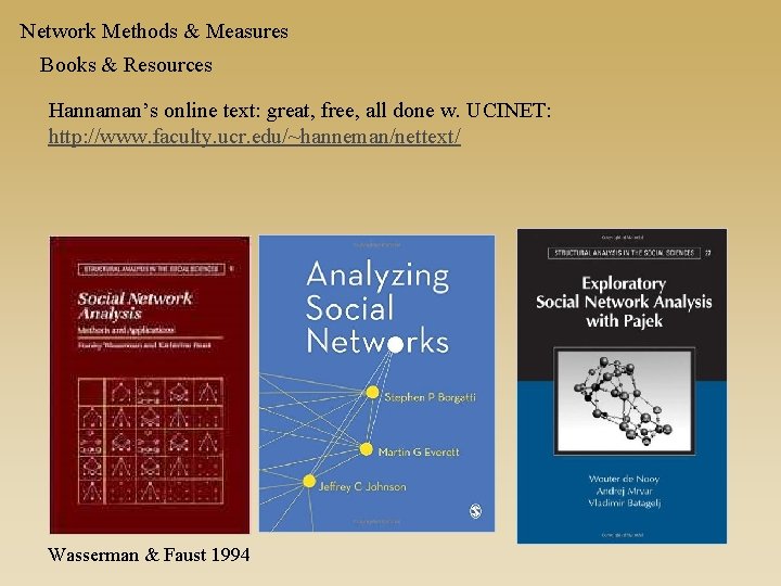 Network Methods & Measures Books & Resources Hannaman’s online text: great, free, all done