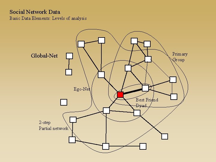 Social Network Data Basic Data Elements: Levels of analysis Primary Group Global-Net Ego-Net Best