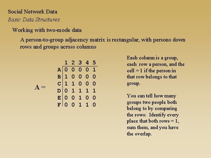 Social Network Data Basic Data Structures Working with two-mode data A person-to-group adjacency matrix