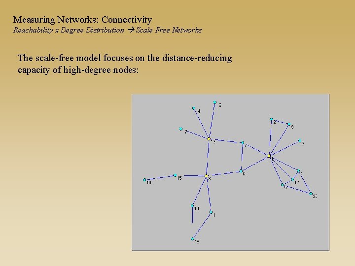 Measuring Networks: Connectivity Reachability x Degree Distribution Scale Free Networks The scale-free model focuses