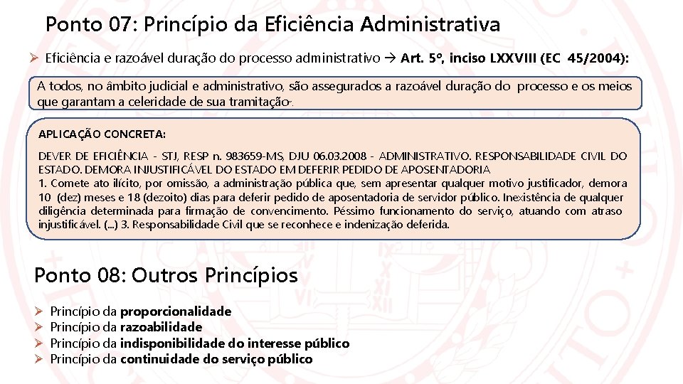 Ponto 07: Princípio da Eficiência Administrativa Eficiência e razoável duração do processo administrativo Art.