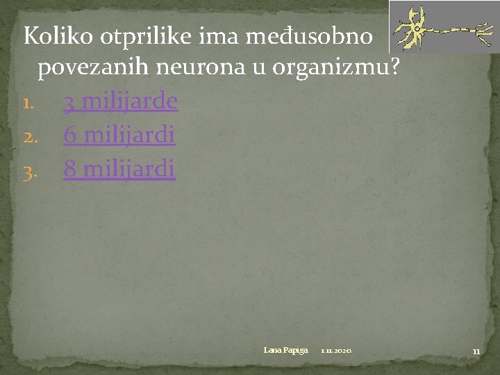 Koliko otprilike ima međusobno povezanih neurona u organizmu? 1. 3 milijarde 2. 6 milijardi