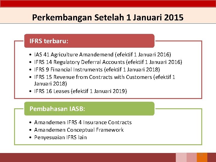 Perkembangan Setelah 1 Januari 2015 IFRS terbaru: • • IAS 41 Agriculture Amandemend (efektif