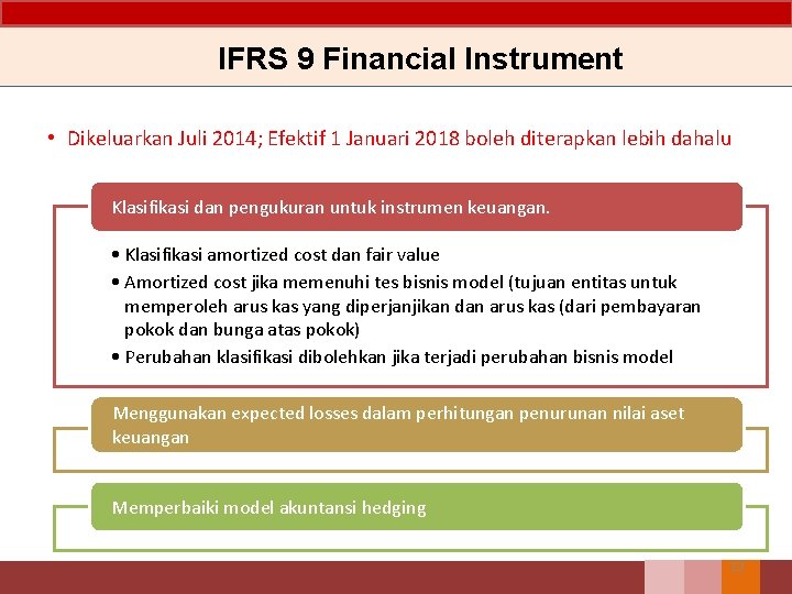 IFRS 9 Financial Instrument • Dikeluarkan Juli 2014; Efektif 1 Januari 2018 boleh diterapkan