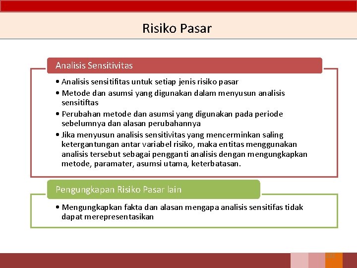 Risiko Pasar Analisis Sensitivitas • Analisis sensitifitas untuk setiap jenis risiko pasar • Metode