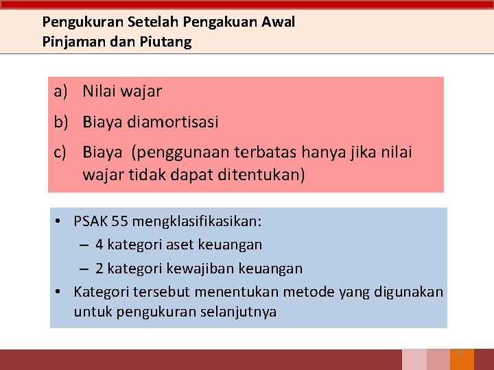 Pengukuran Setelah Pengakuan Awal Pinjaman dan Piutang a) Nilai wajar b) Biaya diamortisasi c)