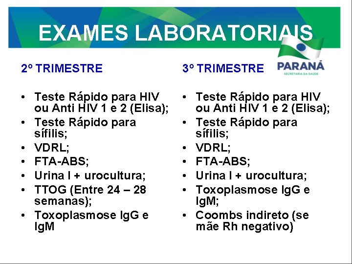 EXAMES LABORATORIAIS 2º TRIMESTRE 3º TRIMESTRE • Teste Rápido para HIV ou Anti HIV