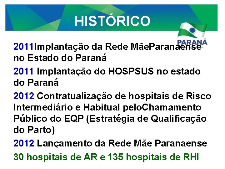 HISTÓRICO 2011 Implantação da Rede Mãe. Paranaense no Estado do Paraná 2011 Implantação do