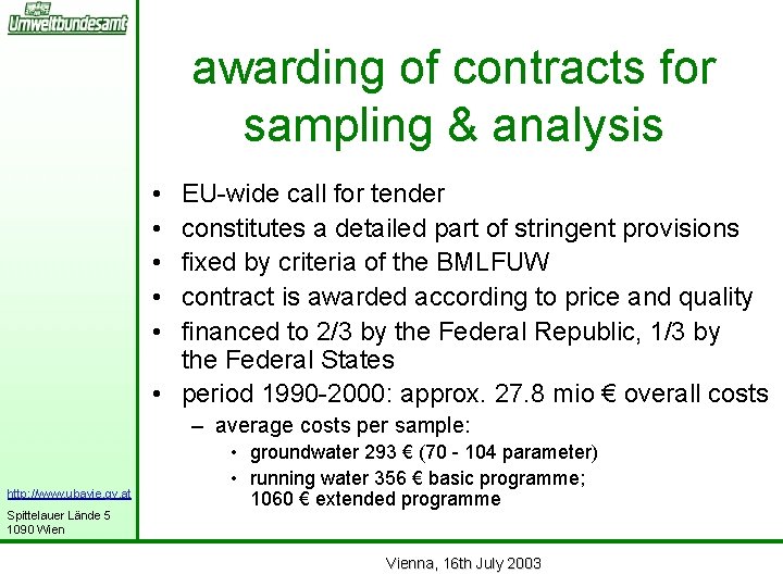 awarding of contracts for sampling & analysis • • • EU-wide call for tender