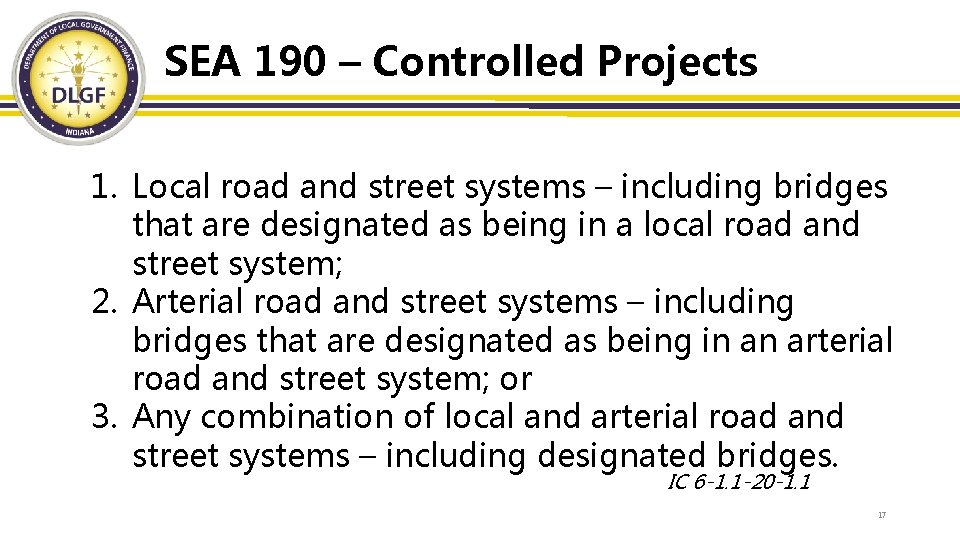 SEA 190 – Controlled Projects 1. Local road and street systems – including bridges