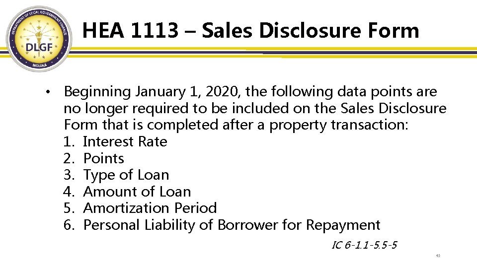 HEA 1113 – Sales Disclosure Form • Beginning January 1, 2020, the following data