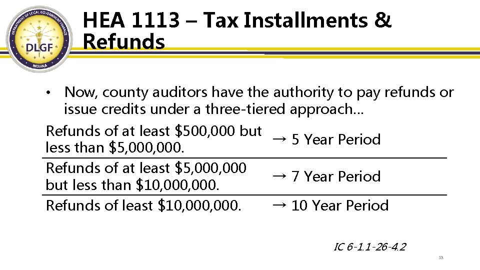 HEA 1113 – Tax Installments & Refunds • Now, county auditors have the authority