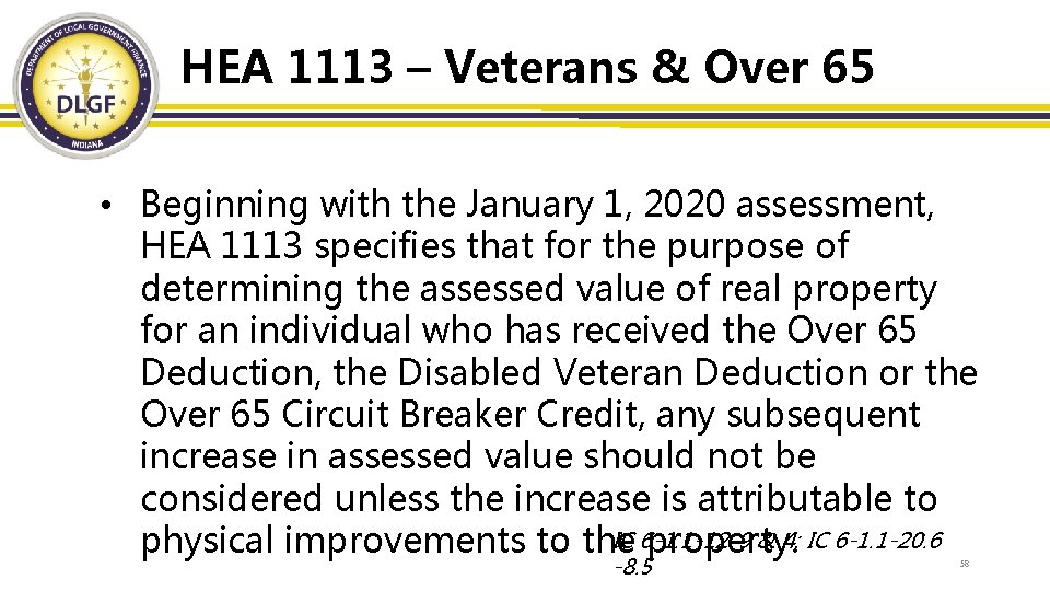 HEA 1113 – Veterans & Over 65 • Beginning with the January 1, 2020