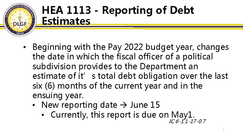 HEA 1113 - Reporting of Debt Estimates • Beginning with the Pay 2022 budget