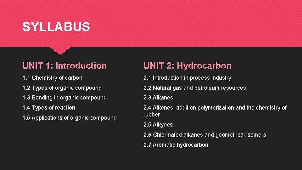 SYLLABUS UNIT 1: Introduction UNIT 2: Hydrocarbon 1. 1 Chemistry of carbon 2. 1