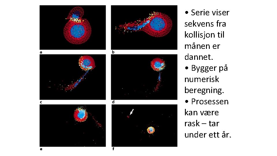  • Serie viser sekvens fra kollisjon til månen er dannet. • Bygger på