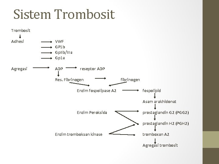 Sistem Trombosit Adhesi VWF GP 1 b Gp. IIb/IIIa Gp 1 a Agregasi ADP