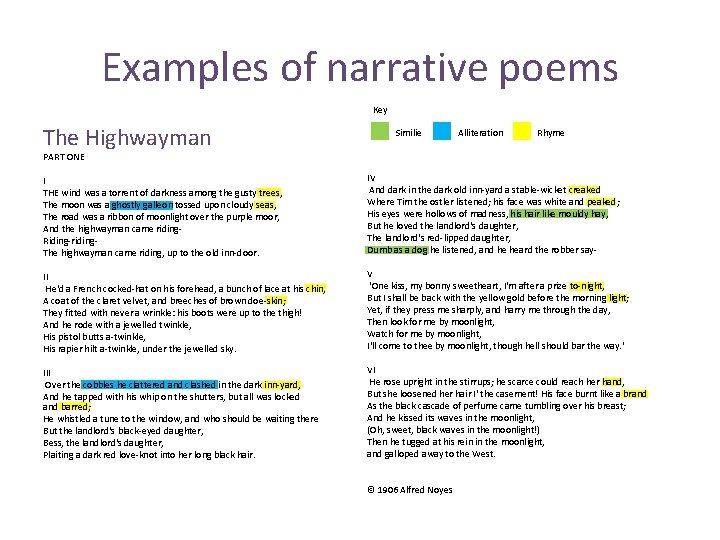 Examples of narrative poems Key The Highwayman PART ONE I THE wind was a