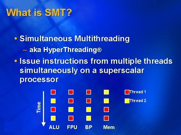 What is SMT? Simultaneous Multithreading – aka Hyper. Threading® Issue instructions from multiple threads