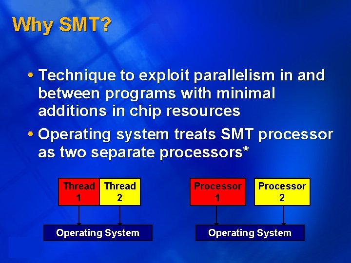 Why SMT? Technique to exploit parallelism in and between programs with minimal additions in